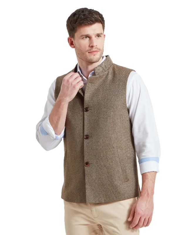 Berwick Nehru Tweed Waistcoat - Loden Green Herringbone Tweed