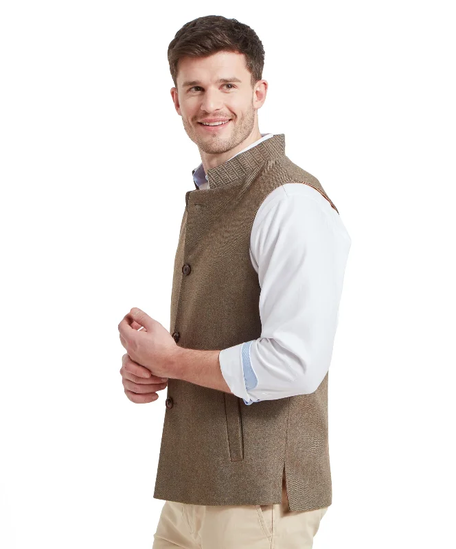 Berwick Nehru Tweed Waistcoat - Loden Green Herringbone Tweed