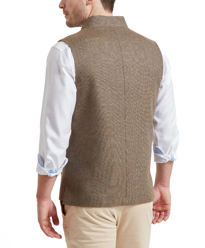 Berwick Nehru Tweed Waistcoat - Loden Green Herringbone Tweed