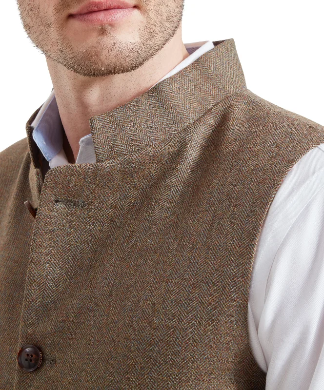 Berwick Nehru Tweed Waistcoat - Loden Green Herringbone Tweed