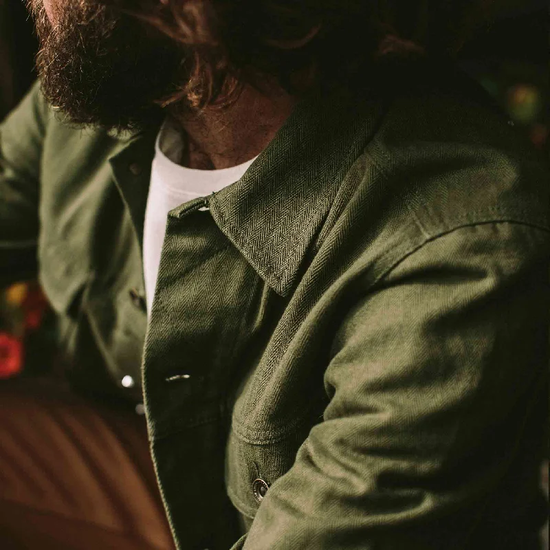 The Long Haul Jacket in Washed Olive Herringbone