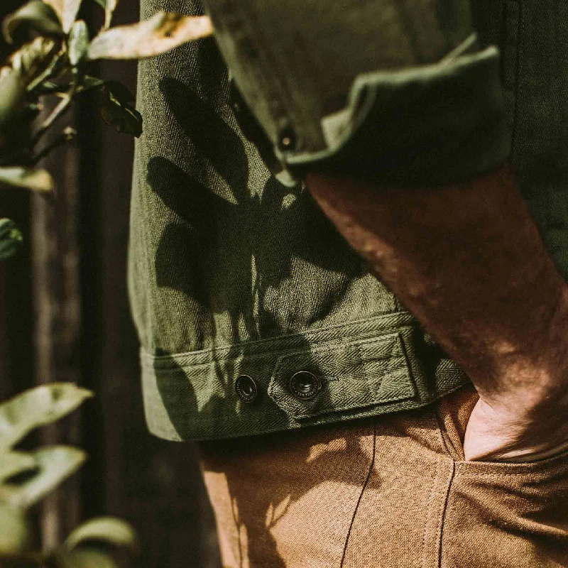 The Long Haul Jacket in Washed Olive Herringbone