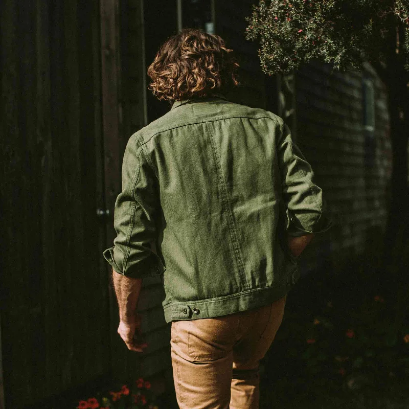 The Long Haul Jacket in Washed Olive Herringbone