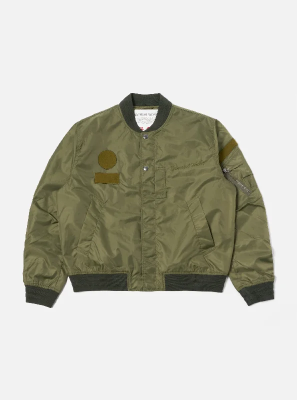 Universal Works Badge Bomber in Olive Flight Nylon