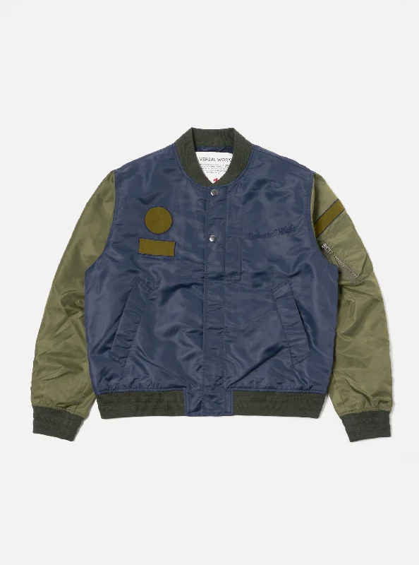 Universal Works Badge Bomber in Olive/Navy Flight Nylon