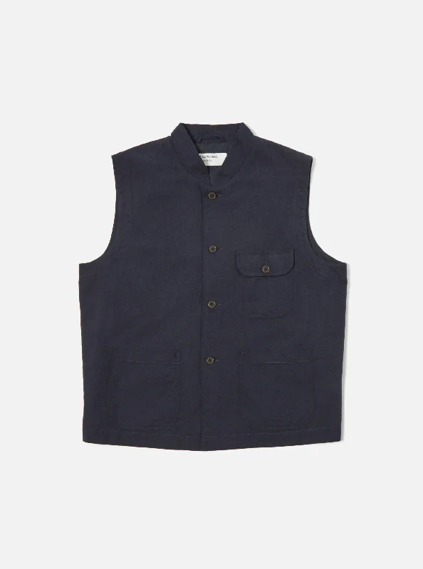 Universal Works Battleman Waistcoat in Navy Lord Cotton Linen