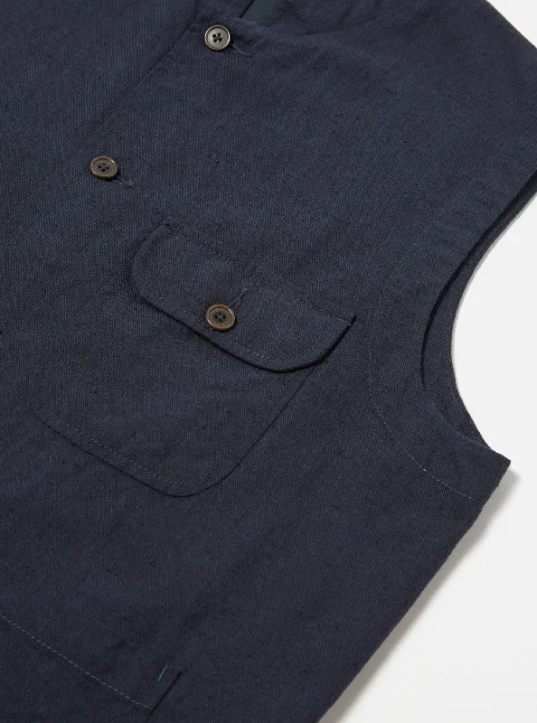 Universal Works Battleman Waistcoat in Navy Lord Cotton Linen