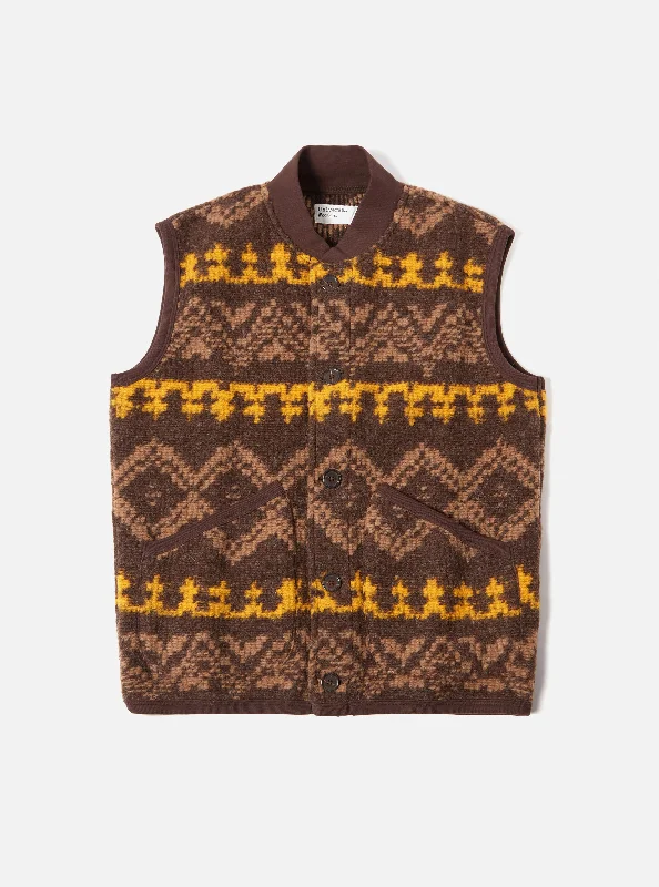 Universal Works Button Front Gilet in Brown Rug Fleece