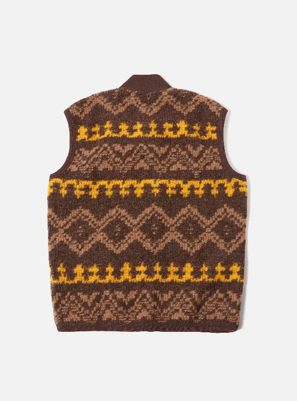 Universal Works Button Front Gilet in Brown Rug Fleece