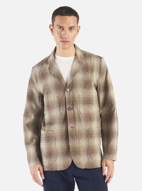 Universal Works Five Pocket Jacket in Olive Portuguese Check Seersucker