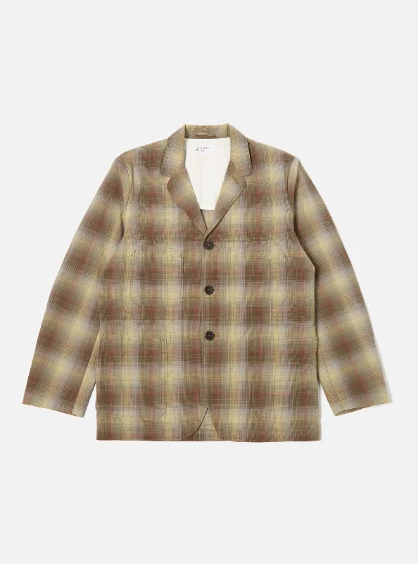 Universal Works Five Pocket Jacket in Olive Portuguese Check Seersucker