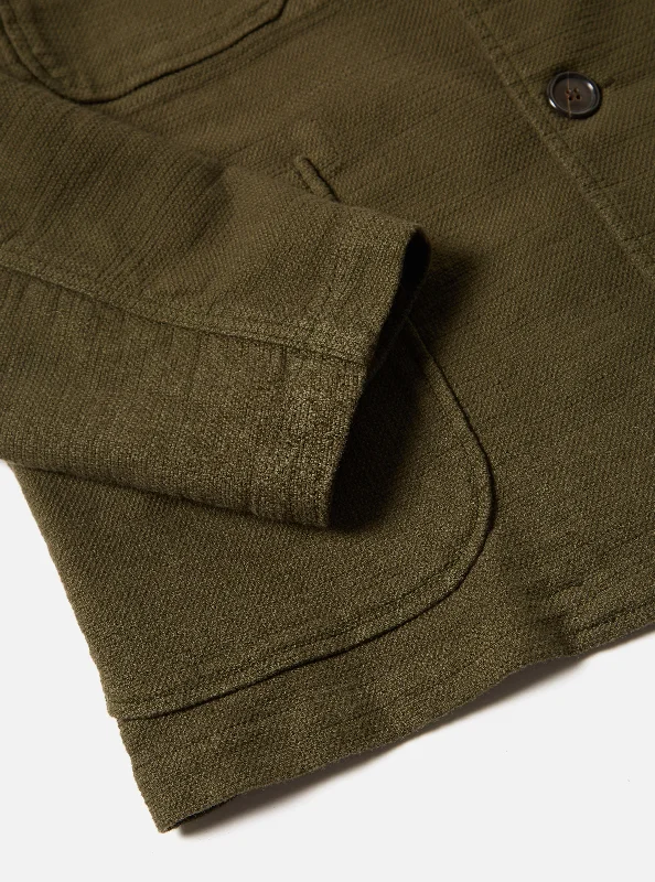 Universal Works Five Pocket Jacket in Olive Chevron Cotton