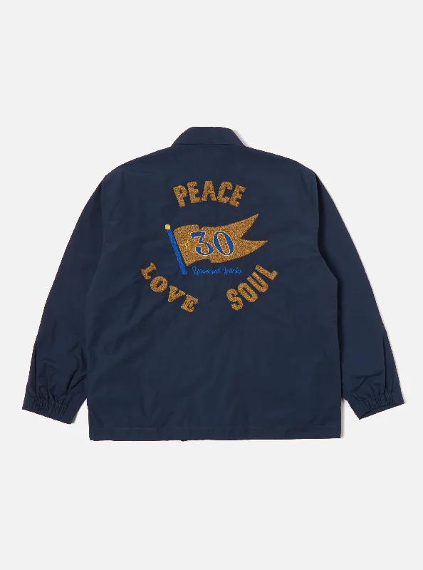 Universal Works Embroidered Head Coach Jacket in Navy Halley Ripstop