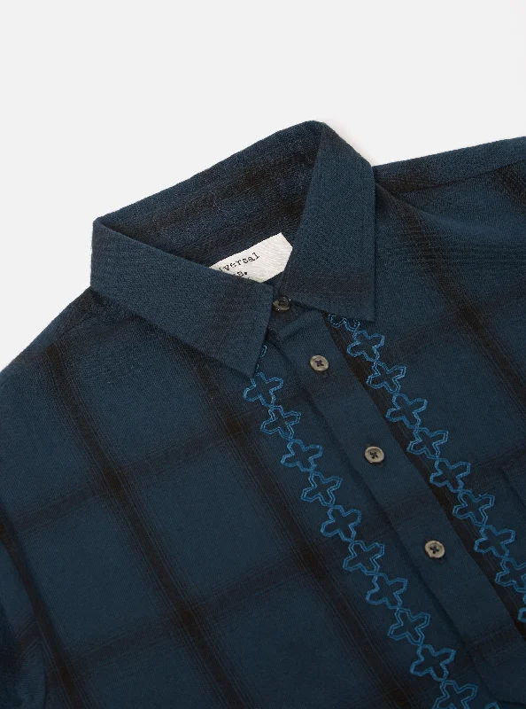 Universal Works Kurta Shirt in Navy Shadow Check