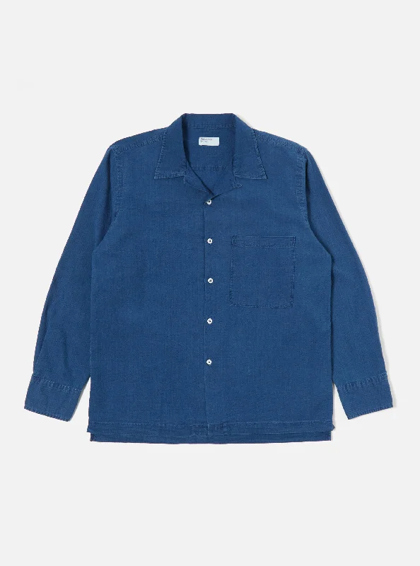 Universal Works L/S Camp Shirt II in Washed Indigo Seersucker