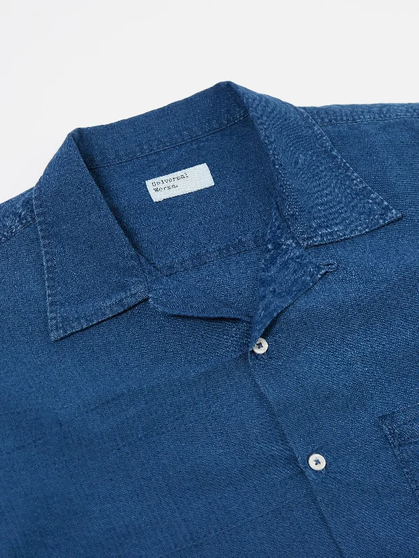 Universal Works L/S Camp Shirt II in Washed Indigo Seersucker