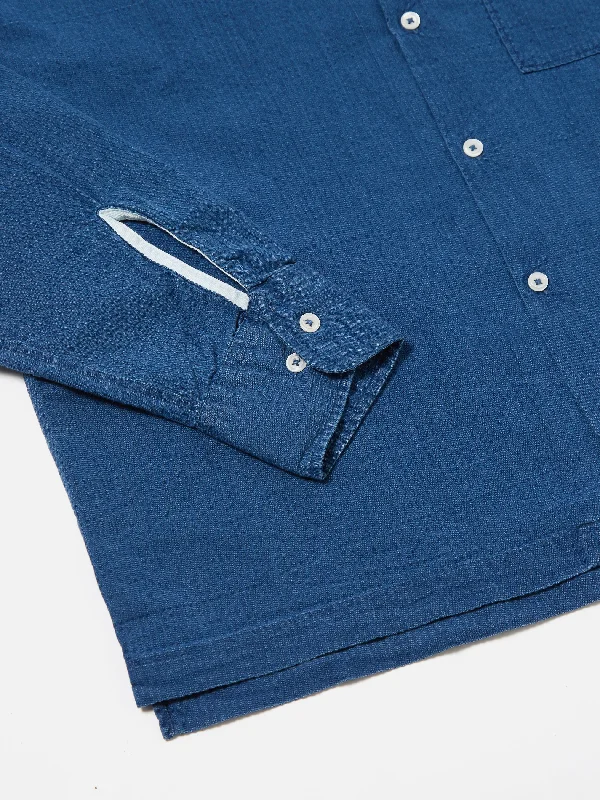 Universal Works L/S Camp Shirt II in Washed Indigo Seersucker