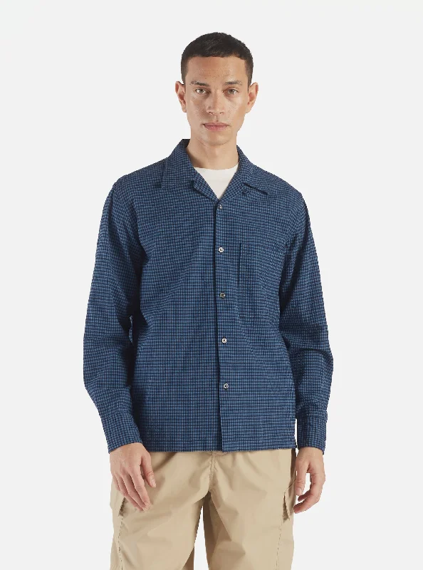 Universal Works L/S Camp Shirt in Navy Gingham Seersucker