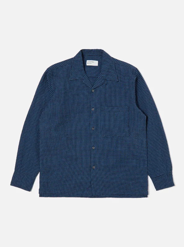 Universal Works L/S Camp Shirt in Navy Gingham Seersucker