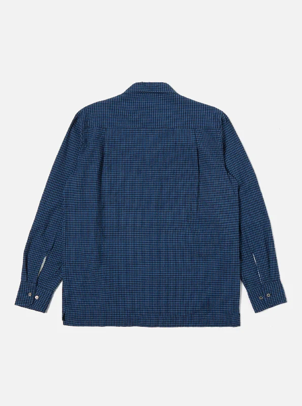 Universal Works L/S Camp Shirt in Navy Gingham Seersucker