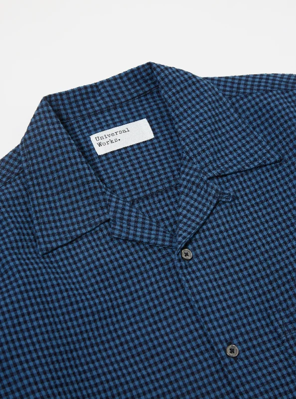 Universal Works L/S Camp Shirt in Navy Gingham Seersucker