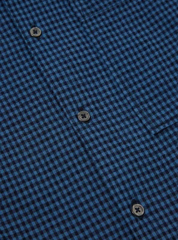 Universal Works L/S Camp Shirt in Navy Gingham Seersucker