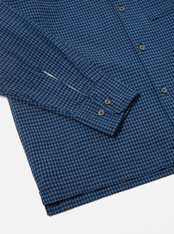 Universal Works L/S Camp Shirt in Navy Gingham Seersucker