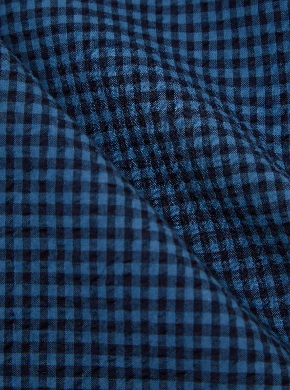 Universal Works L/S Camp Shirt in Navy Gingham Seersucker