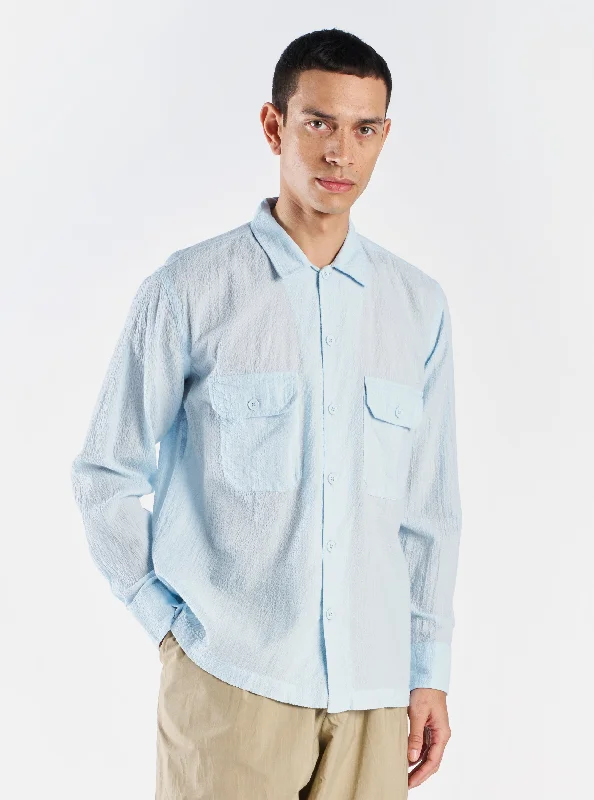 Universal Works L/S Utility Shirt in Sky Shin Seersucker