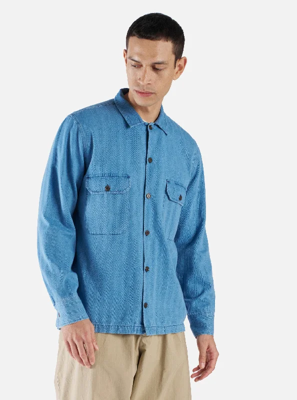 Universal Works L/S Utility Shirt in Washed Indigo Herringbone Denim