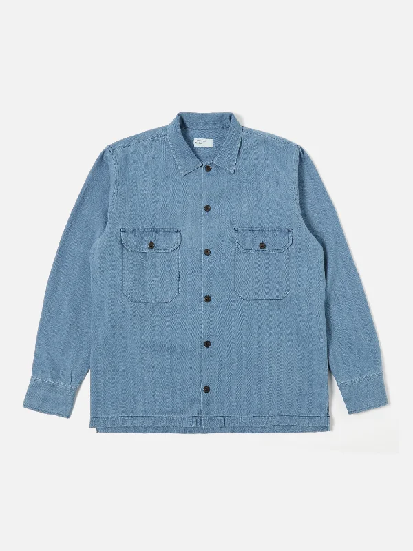 Universal Works L/S Utility Shirt in Washed Indigo Herringbone Denim