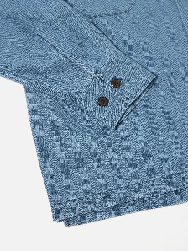 Universal Works L/S Utility Shirt in Washed Indigo Herringbone Denim