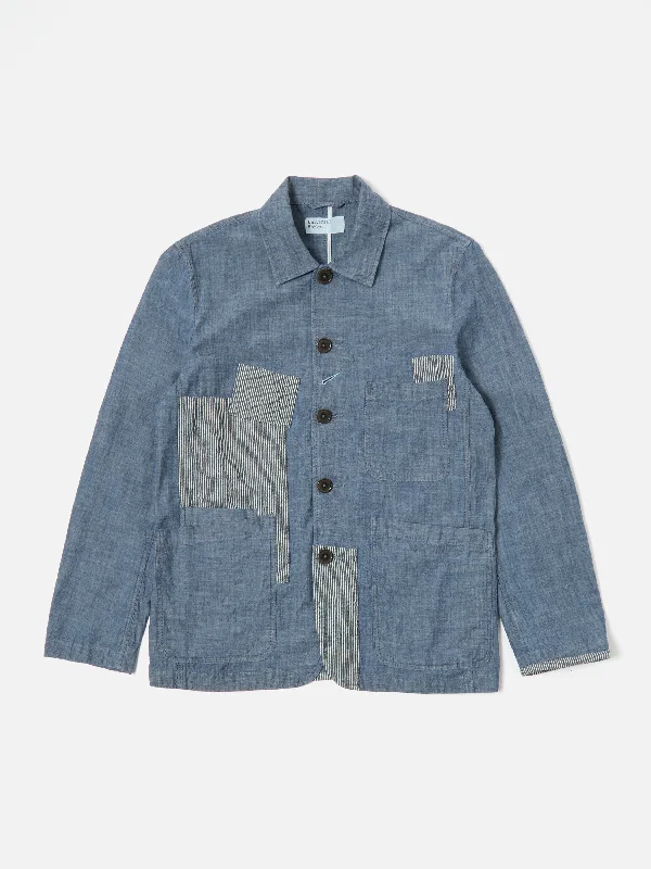 Universal Works Patched Bakers Jacket in Indigo Chambray/Hickory Stripe Denim