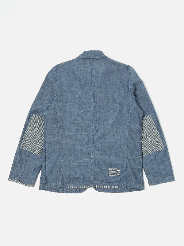 Universal Works Patched Bakers Jacket in Indigo Chambray/Hickory Stripe Denim