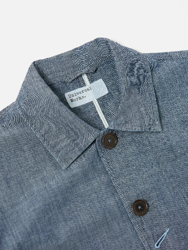 Universal Works Patched Bakers Jacket in Indigo Chambray/Hickory Stripe Denim