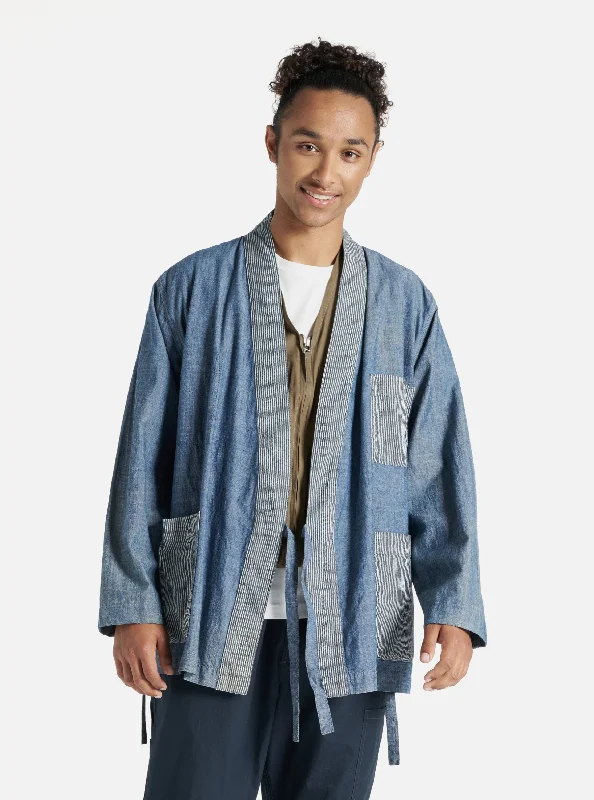 Universal Works Patched Kyoto Work Jacket in Indigo Chambray/Hickory Stripe Denim