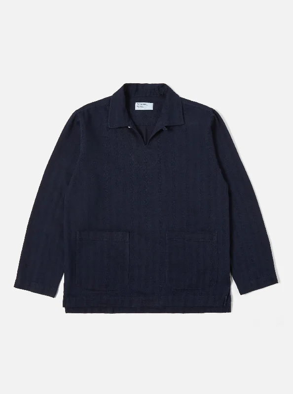 Universal Works Smock Overshirt in Indigo Herringbone Denim