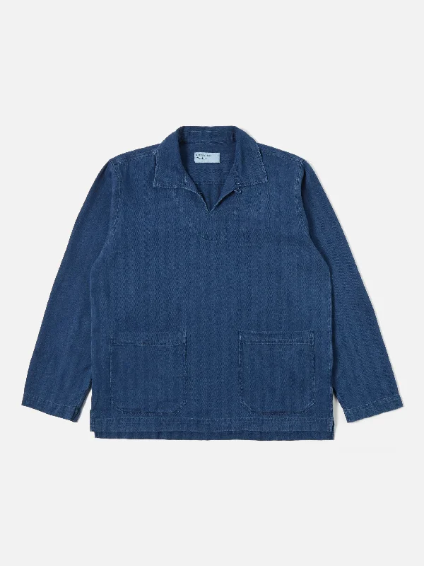 Universal Works Smock Overshirt in Washed Indigo Herringbone Denim