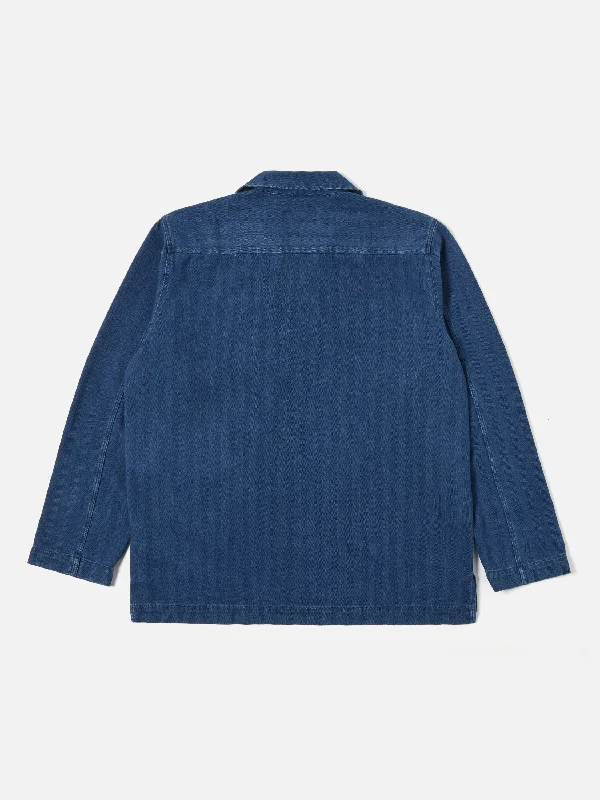 Universal Works Smock Overshirt in Washed Indigo Herringbone Denim