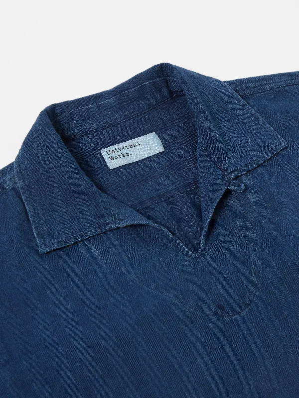 Universal Works Smock Overshirt in Washed Indigo Herringbone Denim