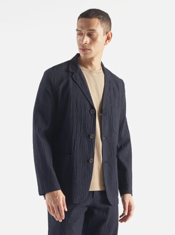 Universal Works Three Button Jacket in Dark Navy Ospina Cotton