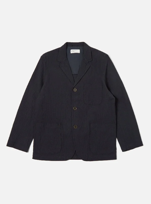 Universal Works Three Button Jacket in Dark Navy Ospina Cotton