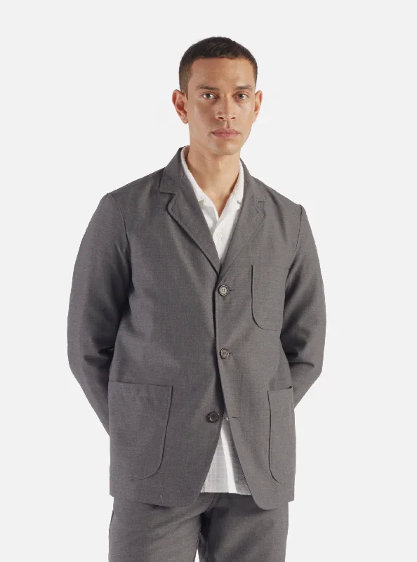 Universal Works Three Button Jacket in Grey Marl Tropical Suiting