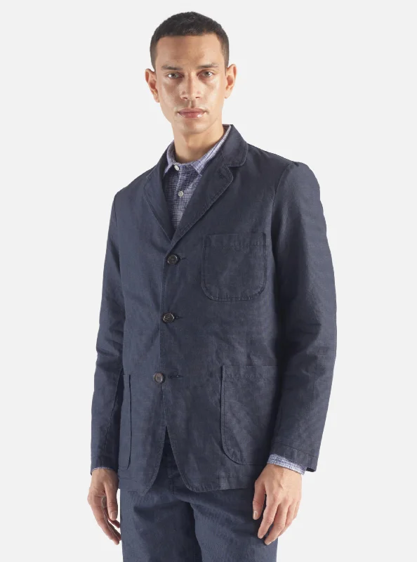 Universal Works Three Button Jacket in Navy Linen Mix Puppytooth