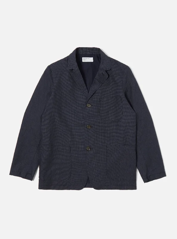 Universal Works Three Button Jacket in Navy Linen Mix Puppytooth