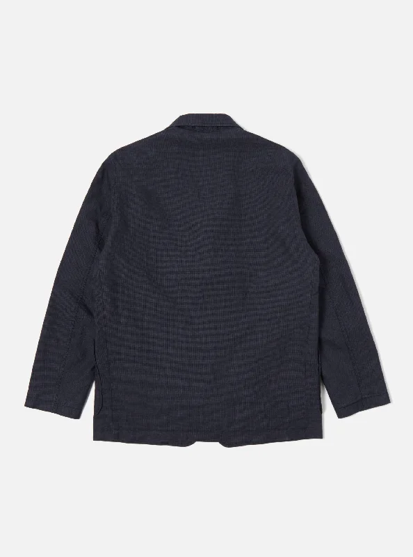 Universal Works Three Button Jacket in Navy Linen Mix Puppytooth