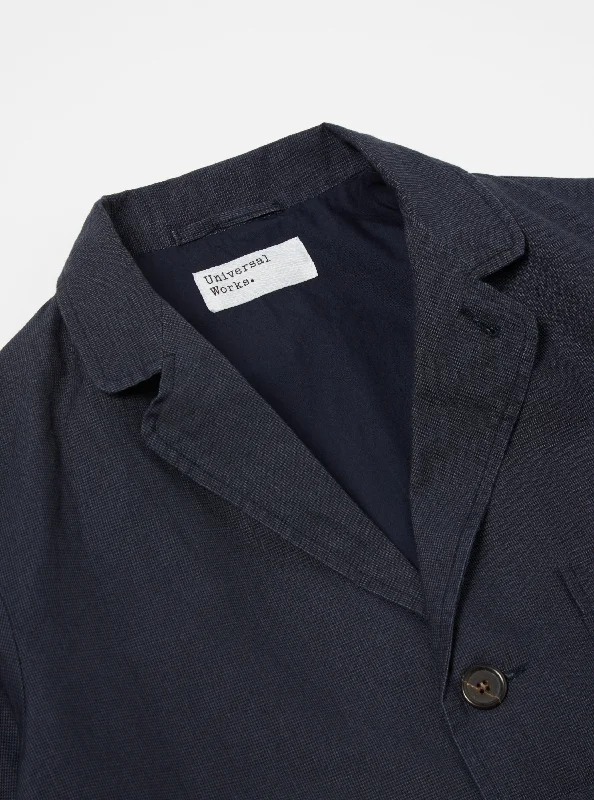 Universal Works Three Button Jacket in Navy Linen Mix Puppytooth