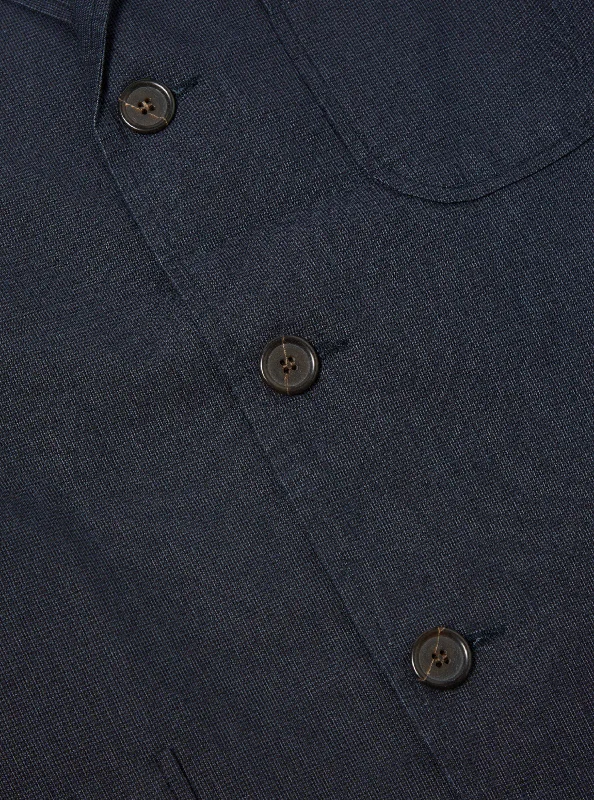 Universal Works Three Button Jacket in Navy Linen Mix Puppytooth