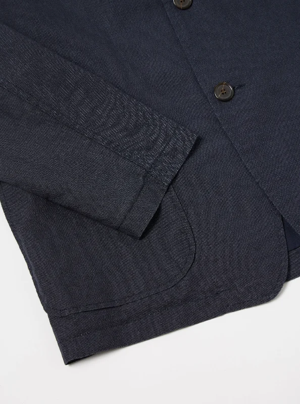 Universal Works Three Button Jacket in Navy Linen Mix Puppytooth