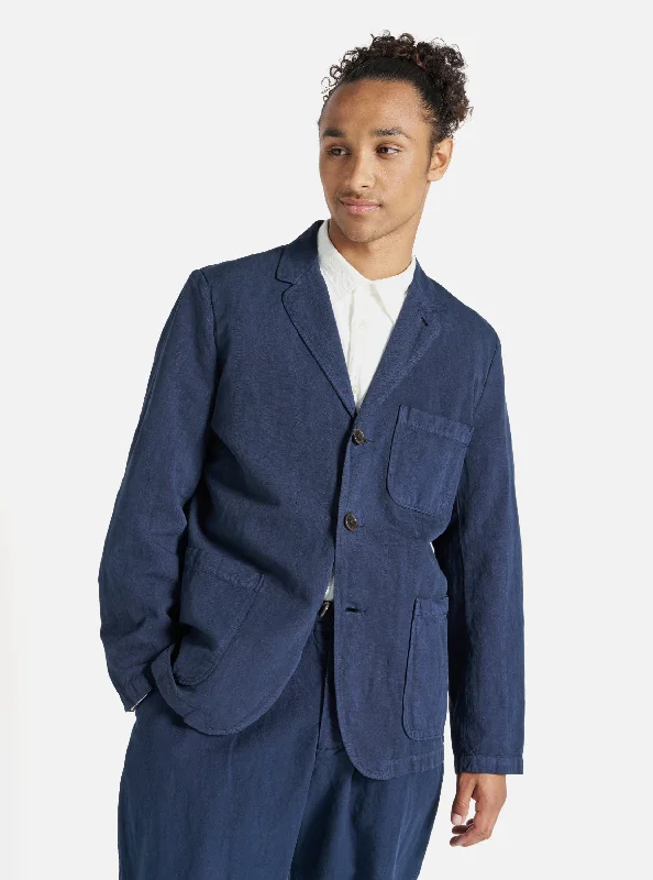 Universal Works Three Button Jacket in Navy Linen Slub Weave